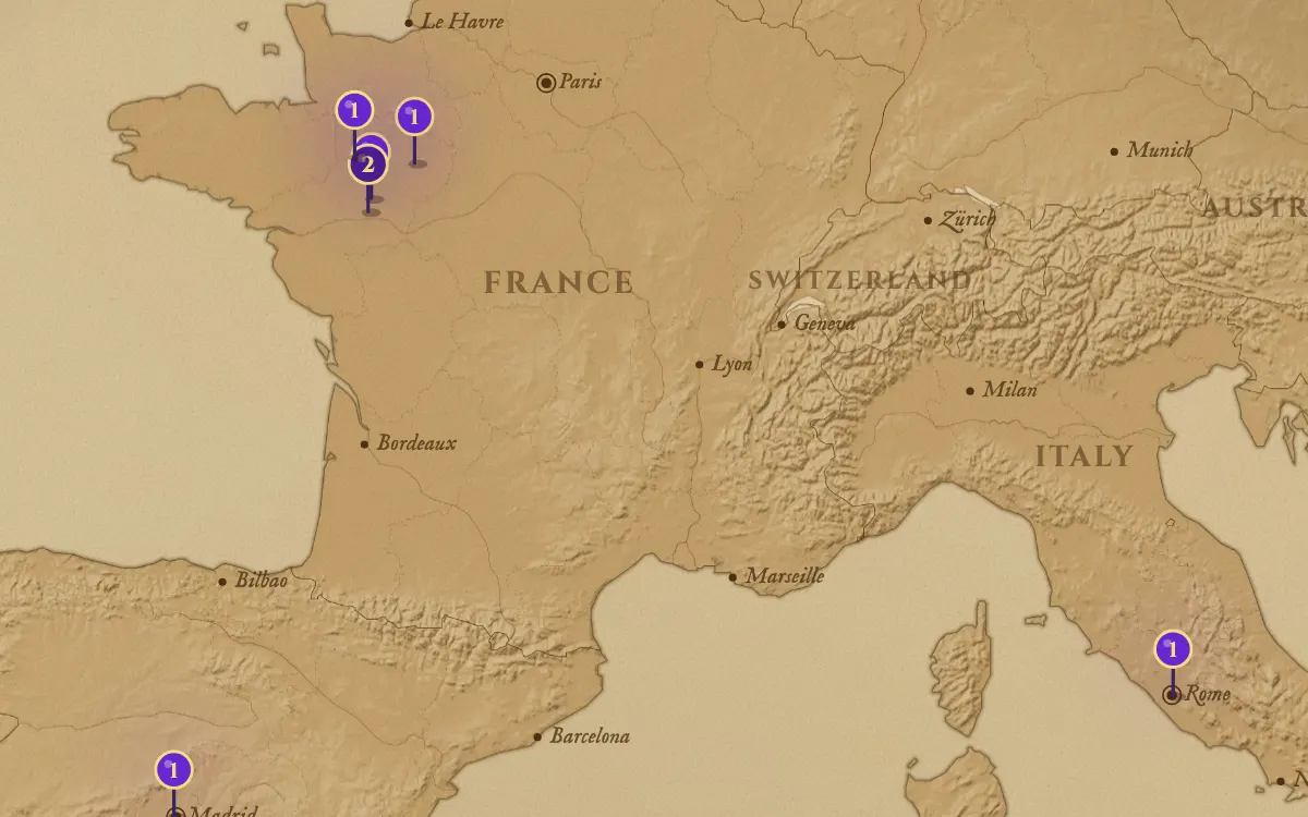 The Atlas: an old map of Europe with pins on the towns of a lifetime