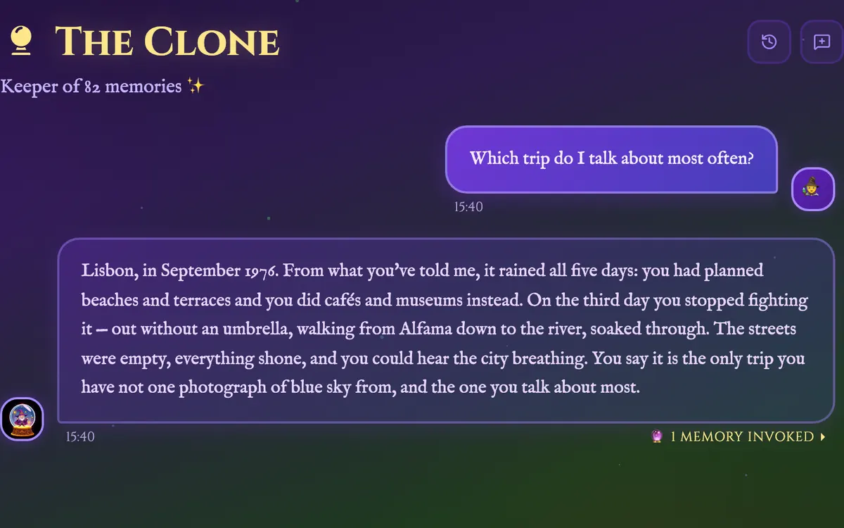 A conversation with the Clone: a question, and its answer drawn from a dated memory