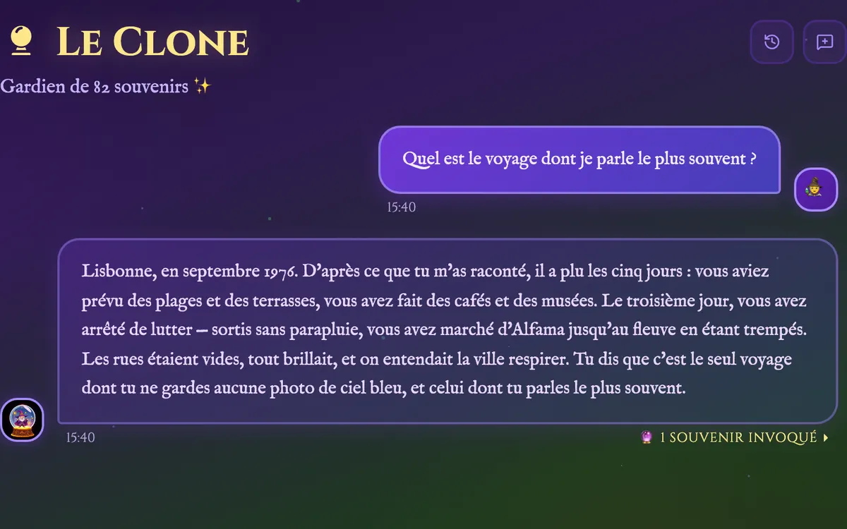 Une conversation avec le Clone : une question, sa réponse tirée d'un souvenir daté