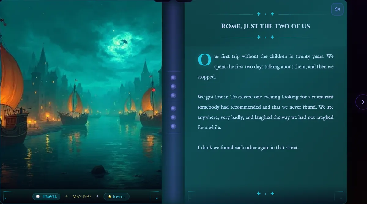 A shared Grimoire open like a book: a picture on the left, the memory on the right