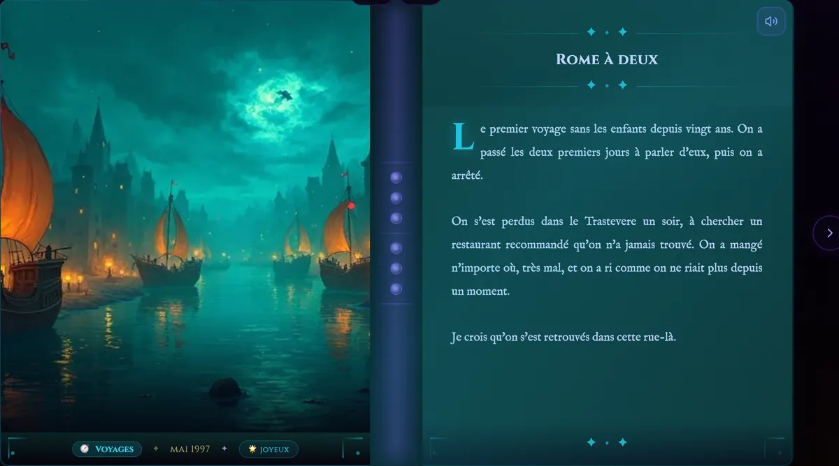 Un grimoire partagé ouvert comme un livre : une image à gauche, le souvenir à droite