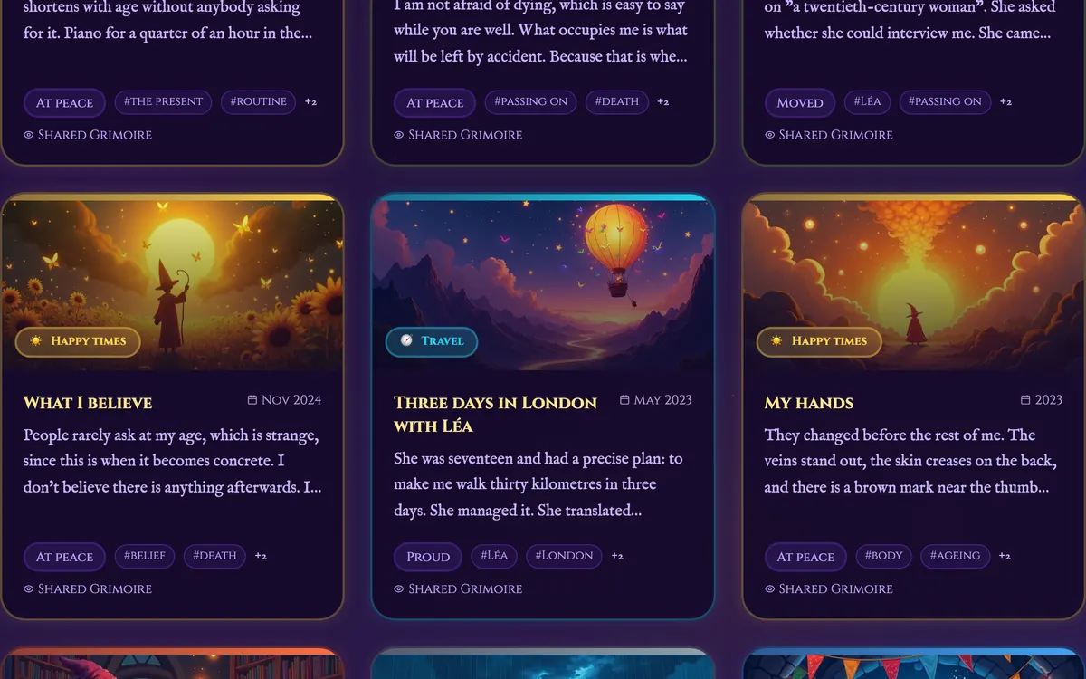The Grimoire: a grid of illustrated memories, with filters by theme, tag, year and feeling