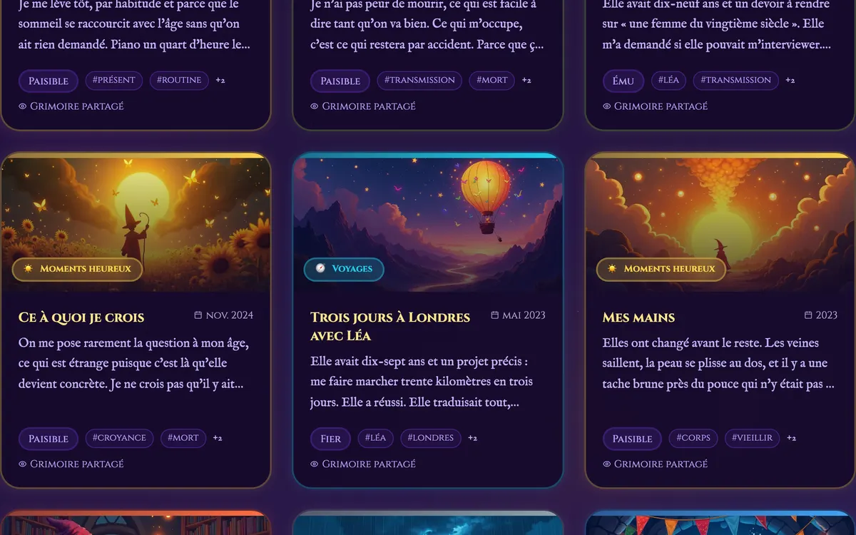 Le Grimoire : une grille de souvenirs illustrés, avec les filtres par thème, tag, année et ressenti