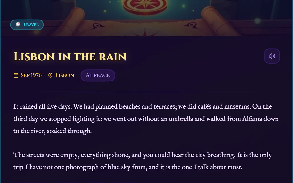 A memory's page: its photo, its title, its date, its place, your feeling and your words