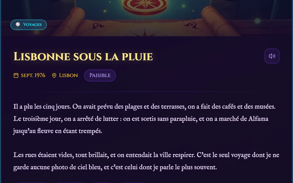 La page d'un souvenir : sa photo, son titre, sa date, son lieu, ton ressenti et ton texte