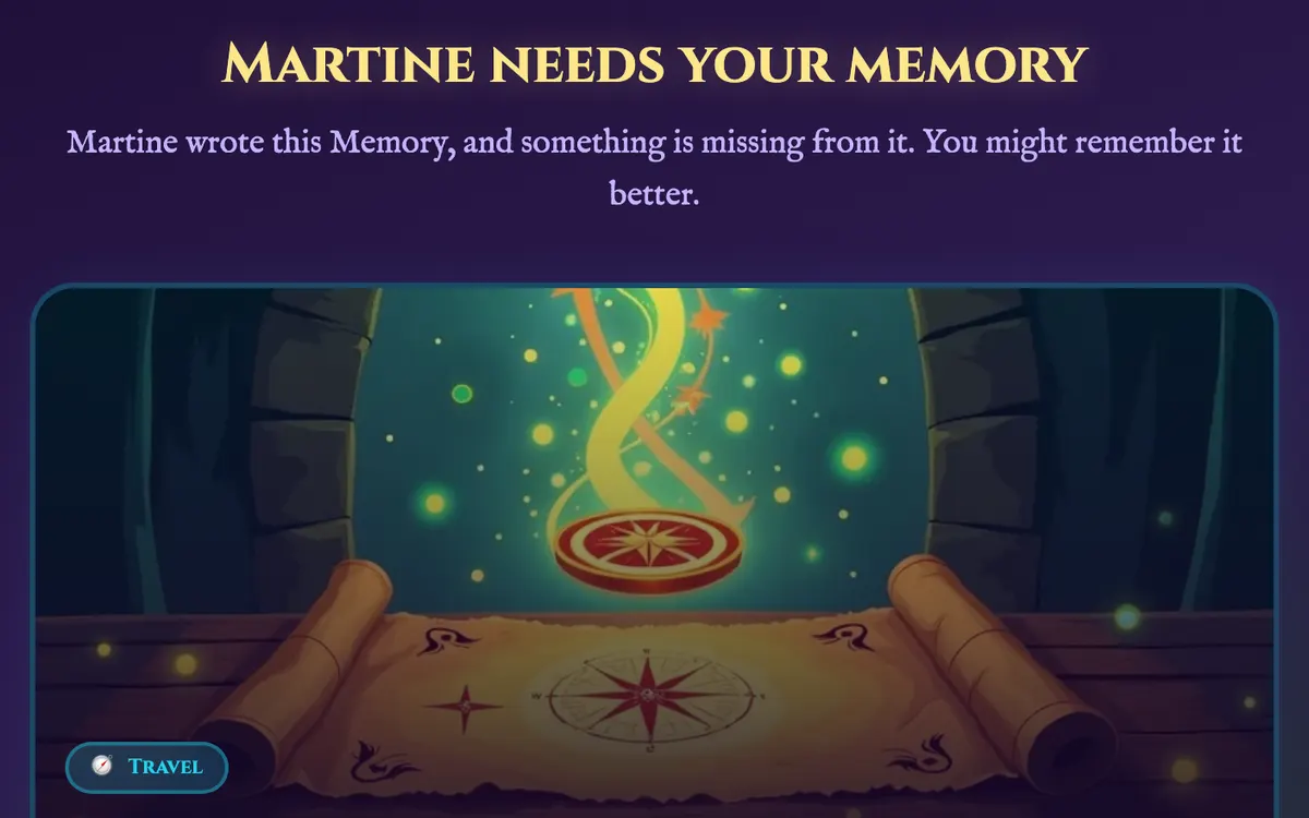 The page a witness receives: “Martine needs your memory”, and the memory to complete