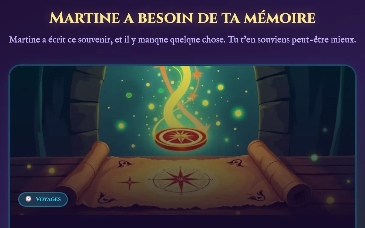 La page reçue par un témoin : « Martine a besoin de ta mémoire », et le souvenir à compléter